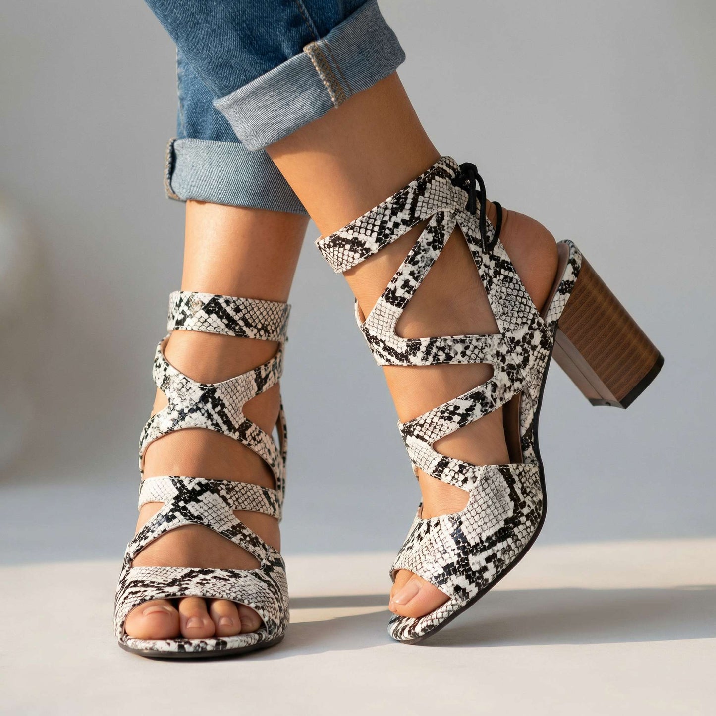 Women's Snake-Embossed Leather Block Heel Sandals Corvine