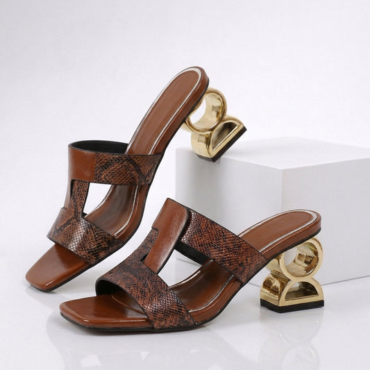 Women's Snake-Print Leather Gold Heels Corvine