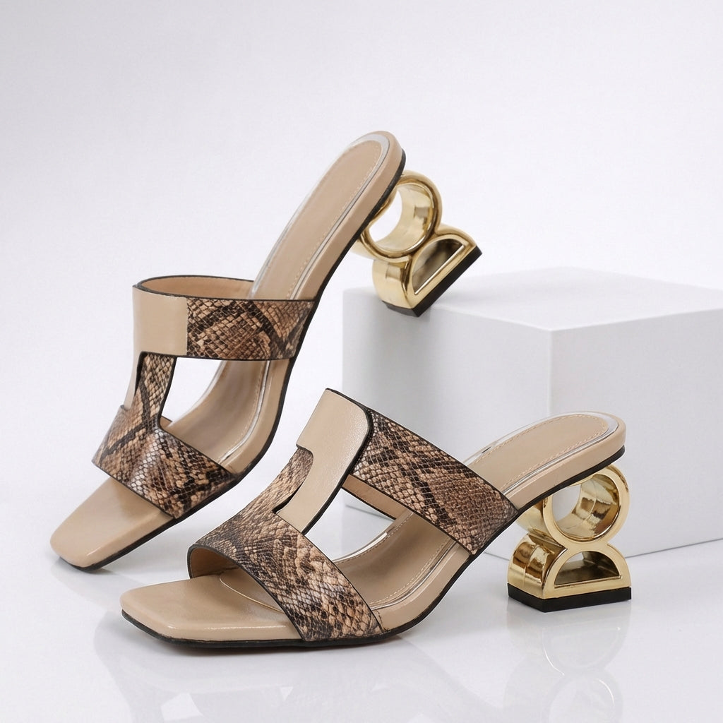 Women's Snake-Print Leather Gold Heels Corvine