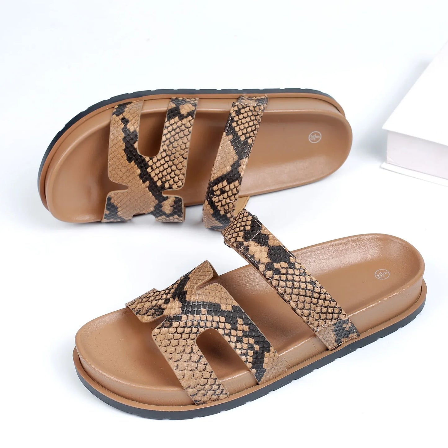 Women's Snake Print Flat Footbed Slide Sandals Corvine