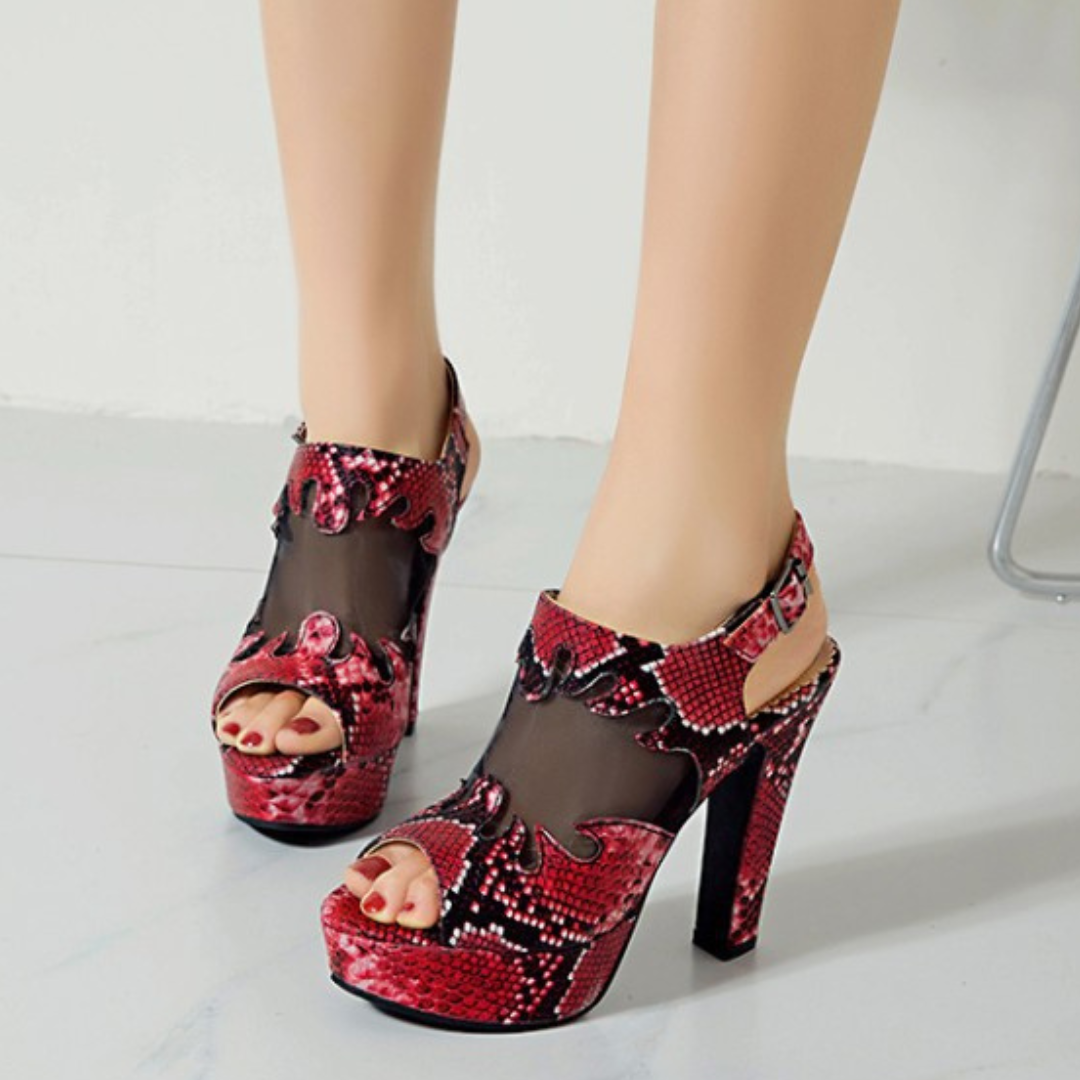 Women's Snakeskin Textured Black Platform Heels Corvine