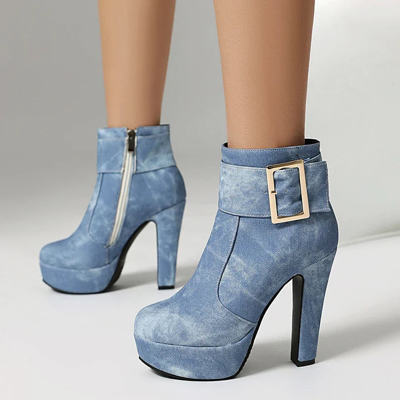 Women's Soft-Washed Denim Buckle Strap Boots Corvine
