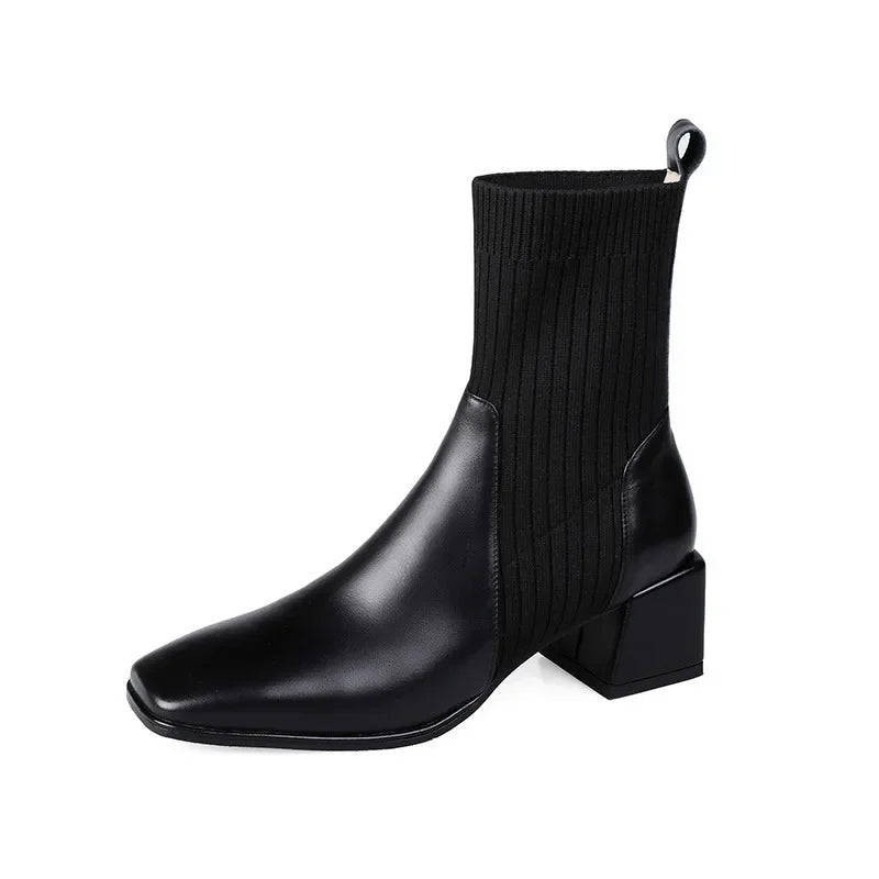 Women's Soft Faux Leather Block Heel Black Boots Corvine