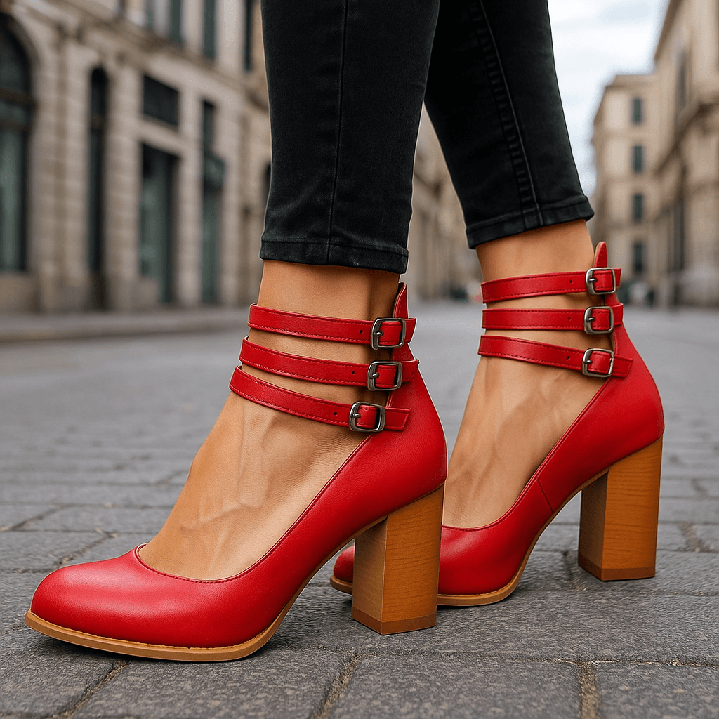 Women's Soft Leather Heels | Stylish Triple Buckle Ankle Strap Block Heels 0