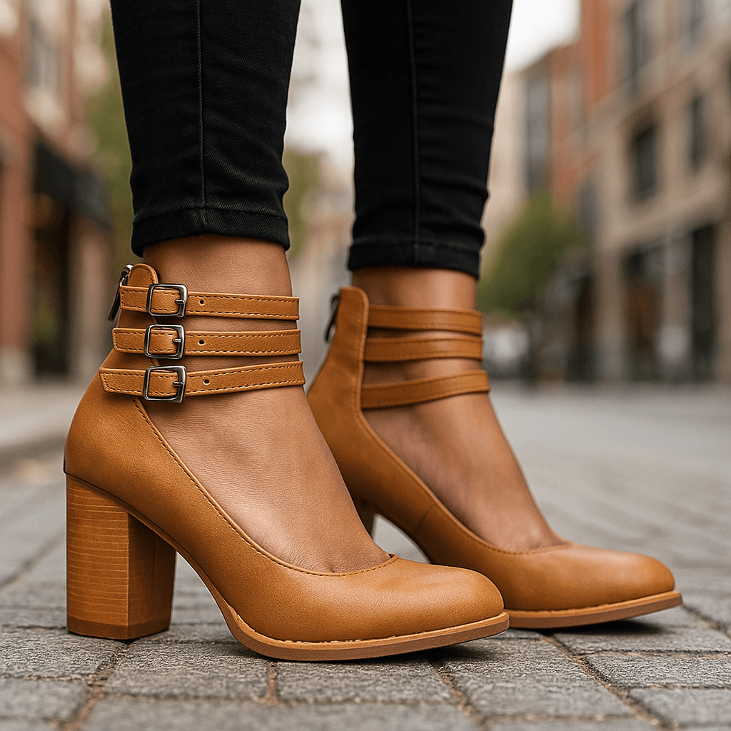 Women's Soft Leather Heels | Stylish Triple Buckle Ankle Strap Block Heels 1