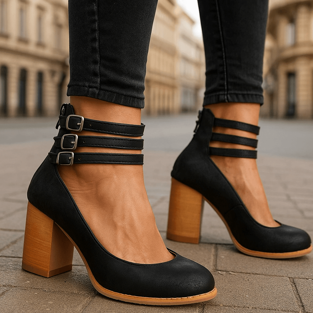 Women's Soft Leather Heels | Stylish Triple Buckle Ankle Strap Block Heels 3