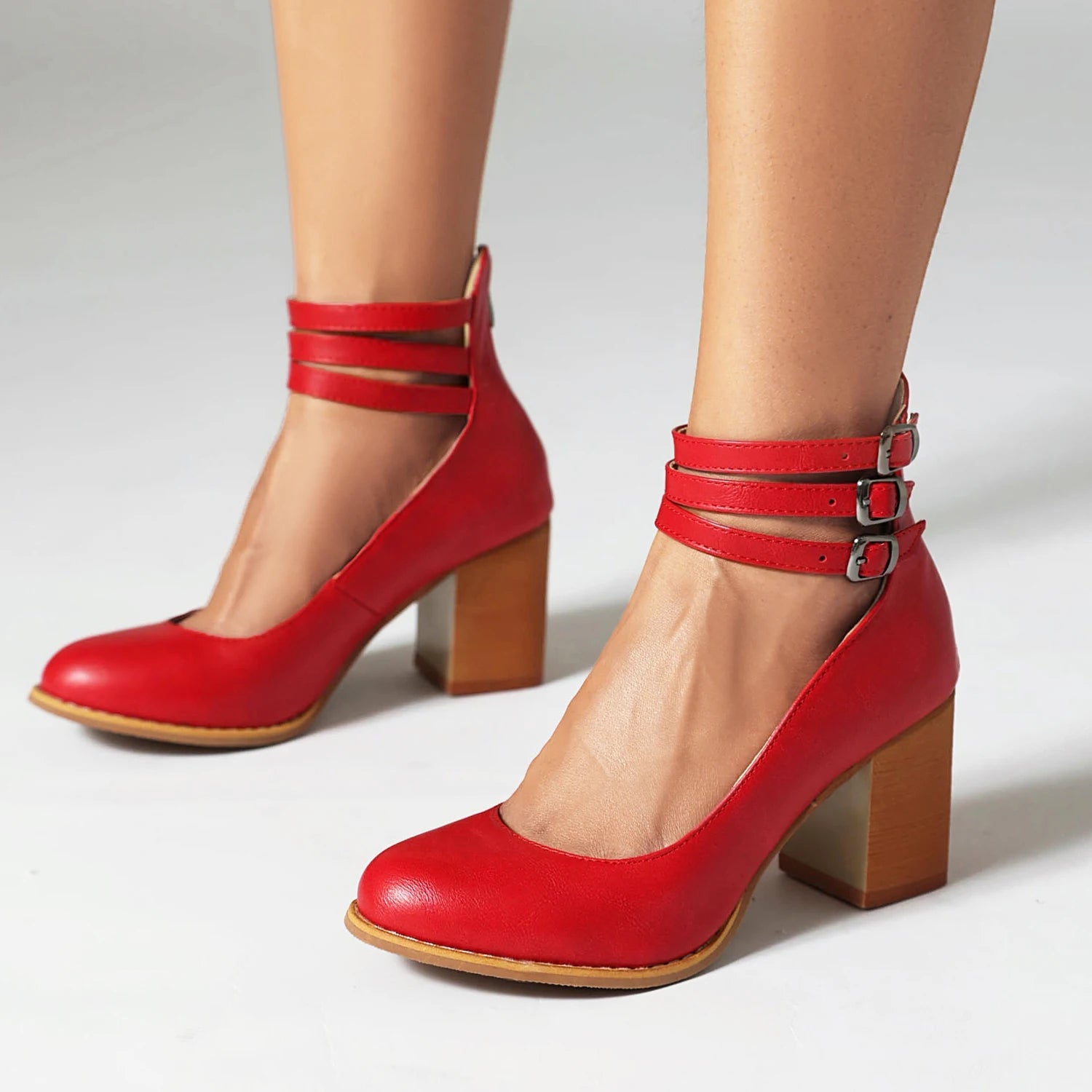 Women's Soft Leather Heels | Stylish Triple Buckle Ankle Strap Block Heels 4