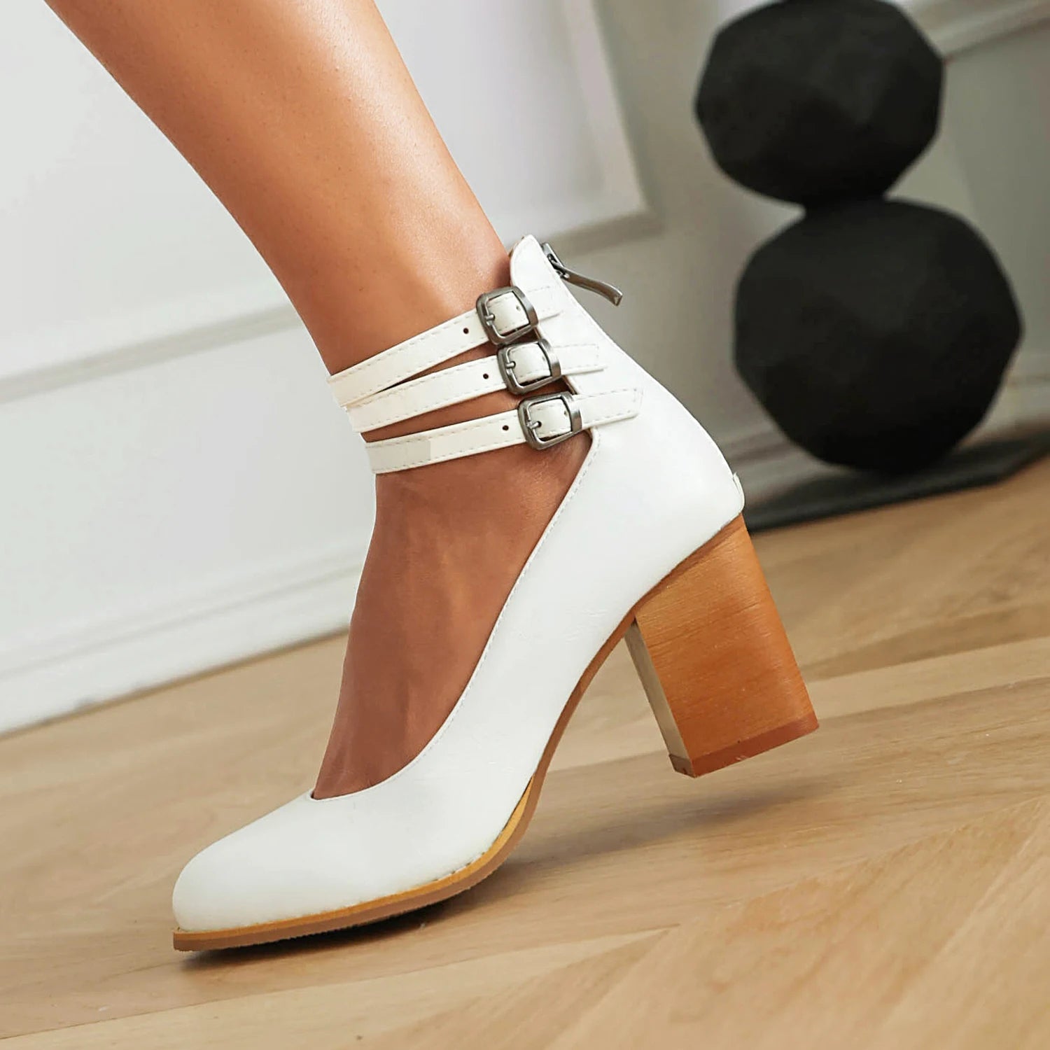 Women's Soft Leather Heels | Stylish Triple Buckle Ankle Strap Block Heels 6