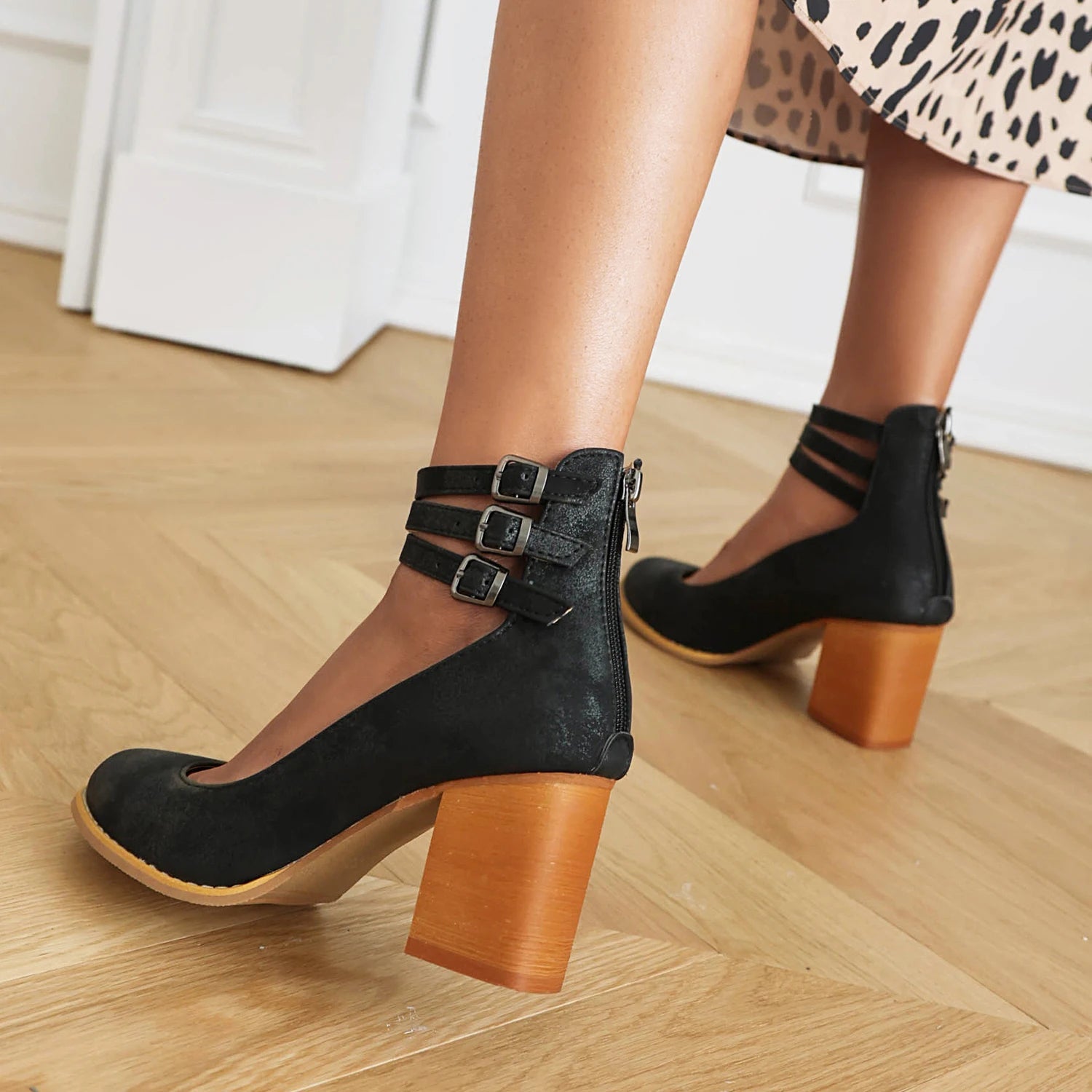 Women's Soft Leather Heels | Stylish Triple Buckle Ankle Strap Block Heels 8