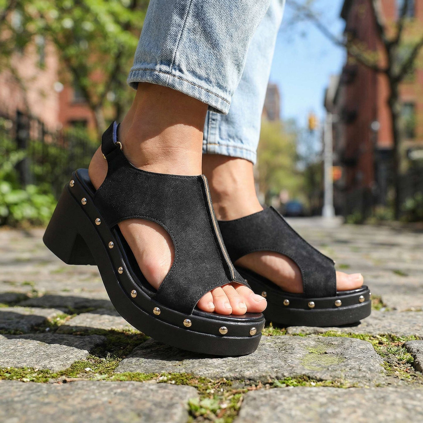 Women's Soft Suede Adjustable Block Heel Slides Corvine