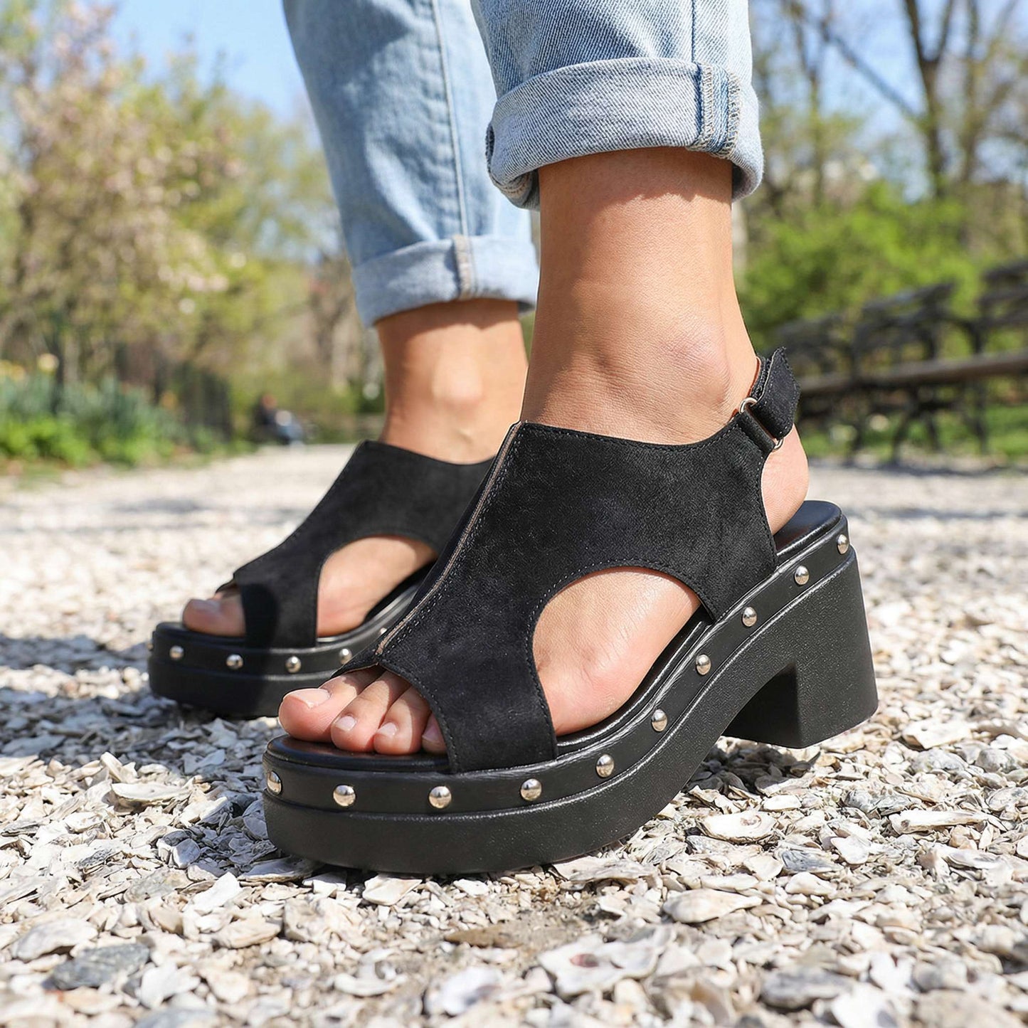 Women's Soft Suede Adjustable Block Heel Slides Corvine