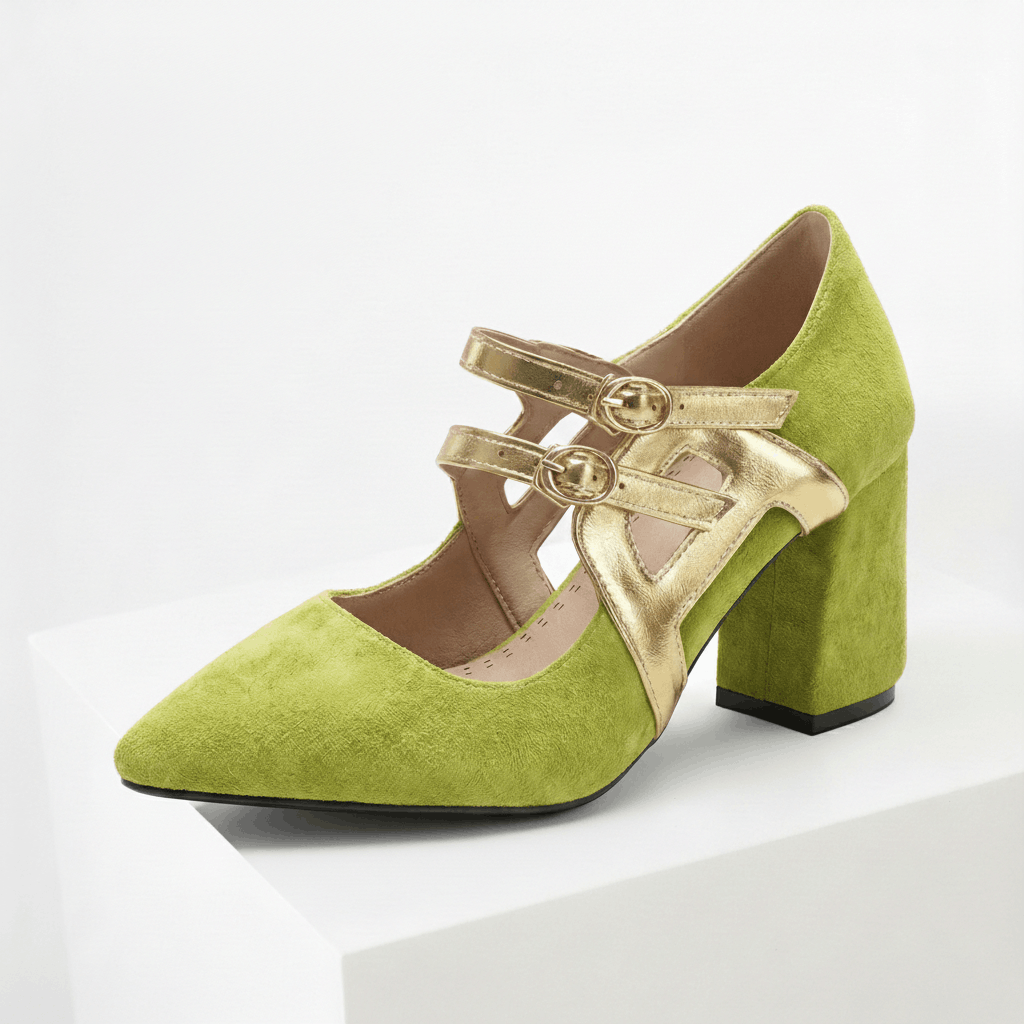 Women's Soft Suede Block Heels with Gold Straps Corvine