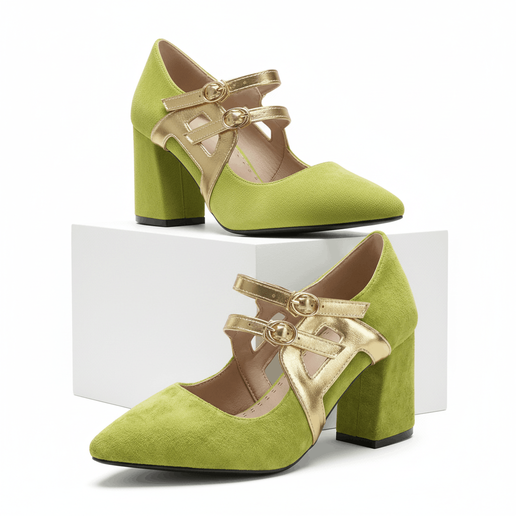 Women's Soft Suede Block Heels with Gold Straps Corvine