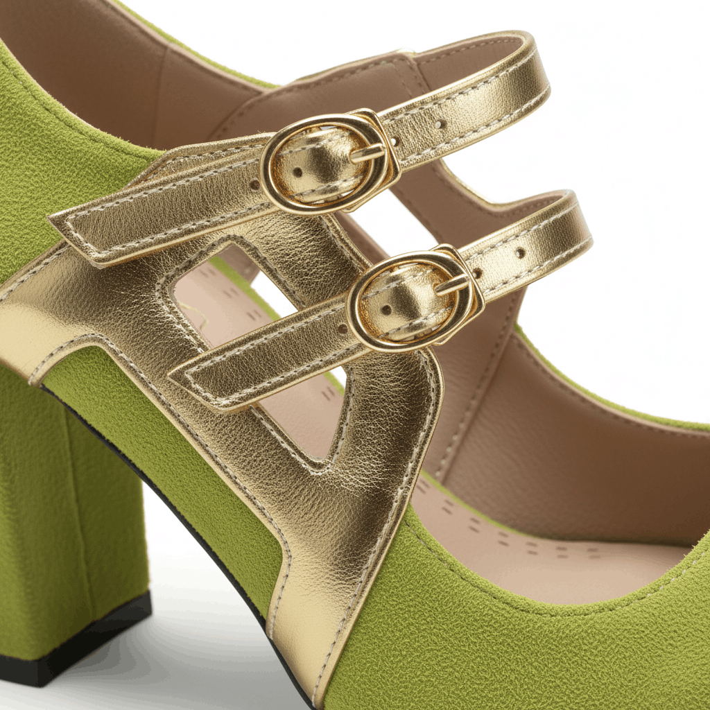 Women's Soft Suede Block Heels with Gold Straps Corvine