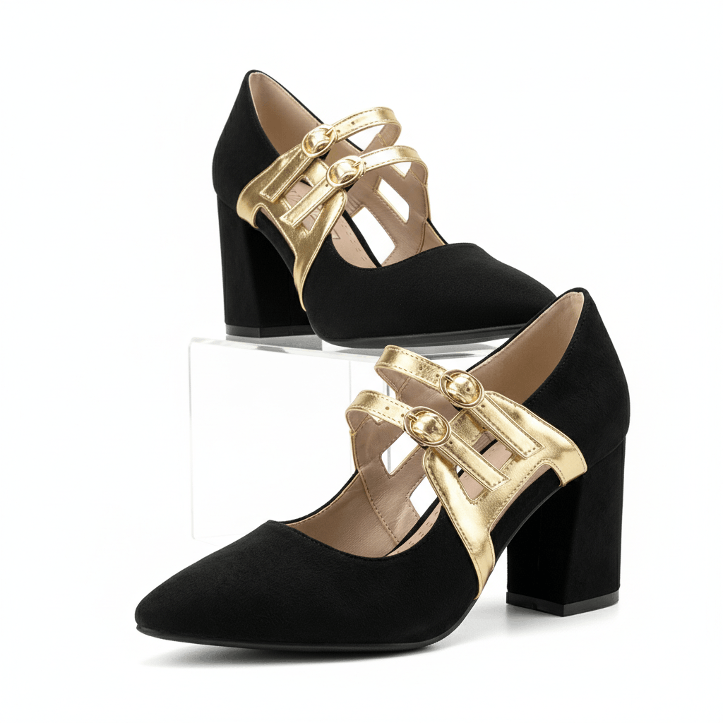 Women's Soft Suede Block Heels with Gold Straps Corvine