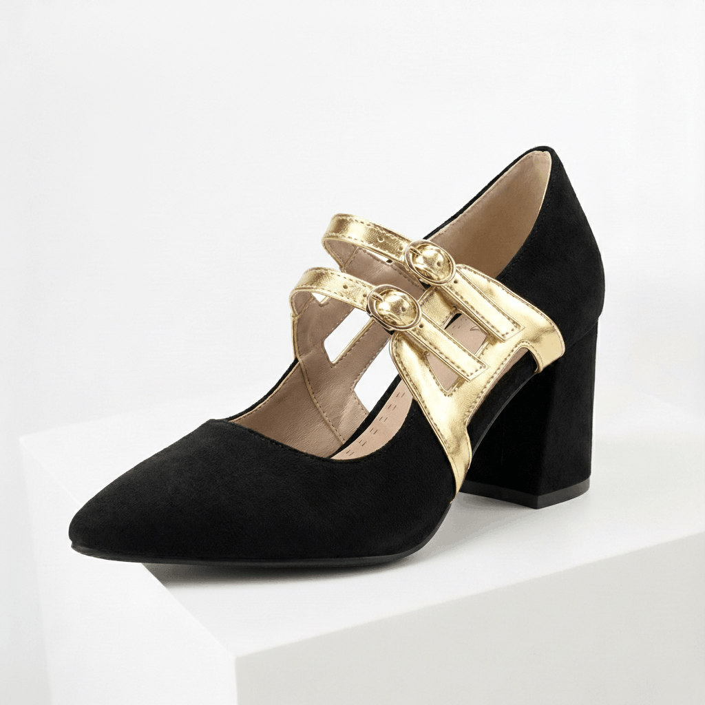 Women's Soft Suede Block Heels with Gold Straps Corvine