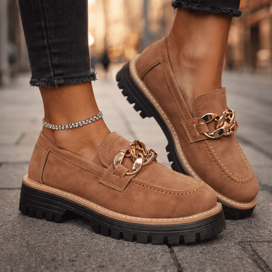 Women's Soft Suede Chunky Platform Loafers | Stylish Slip-On Shoes with Gold Chain Detail