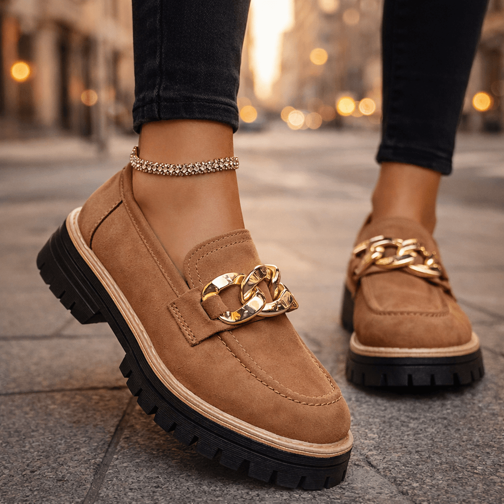 Women's Soft Suede Chunky Platform Loafers | Stylish Slip-On Shoes with Gold Chain Detail