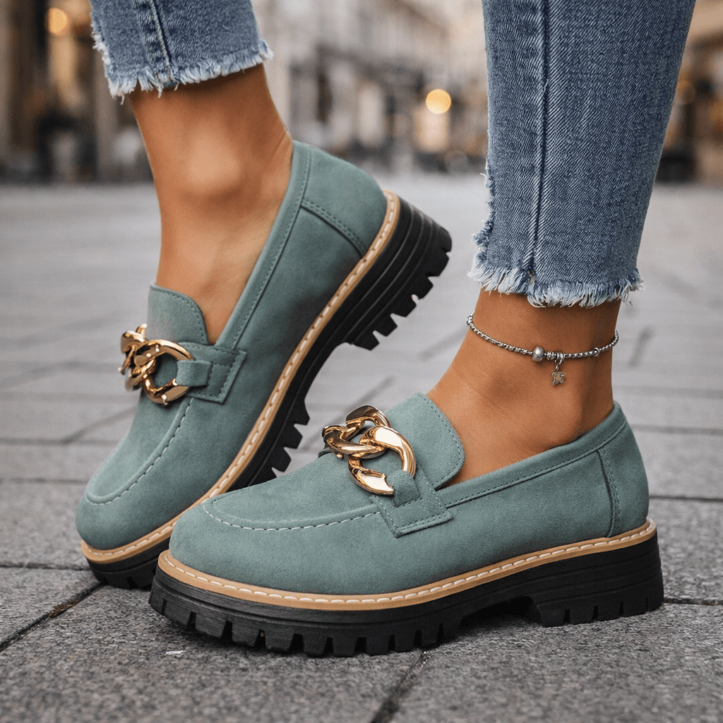 Women's Soft Suede Chunky Platform Loafers | Stylish Slip-On Shoes with Gold Chain Detail