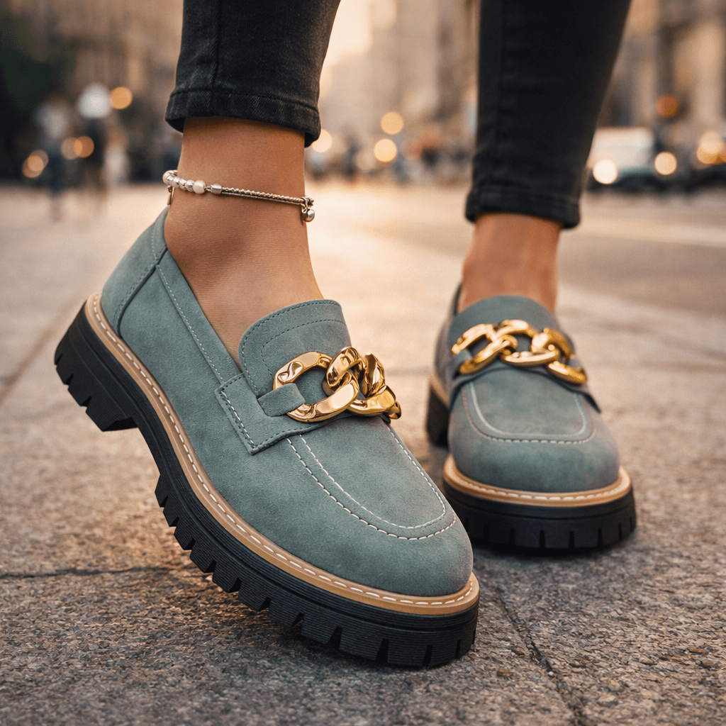 Women's Soft Suede Chunky Platform Loafers | Stylish Slip-On Shoes with Gold Chain Detail