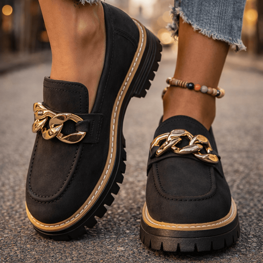 Women's Soft Suede Chunky Platform Loafers | Stylish Slip-On Shoes with Gold Chain Detail