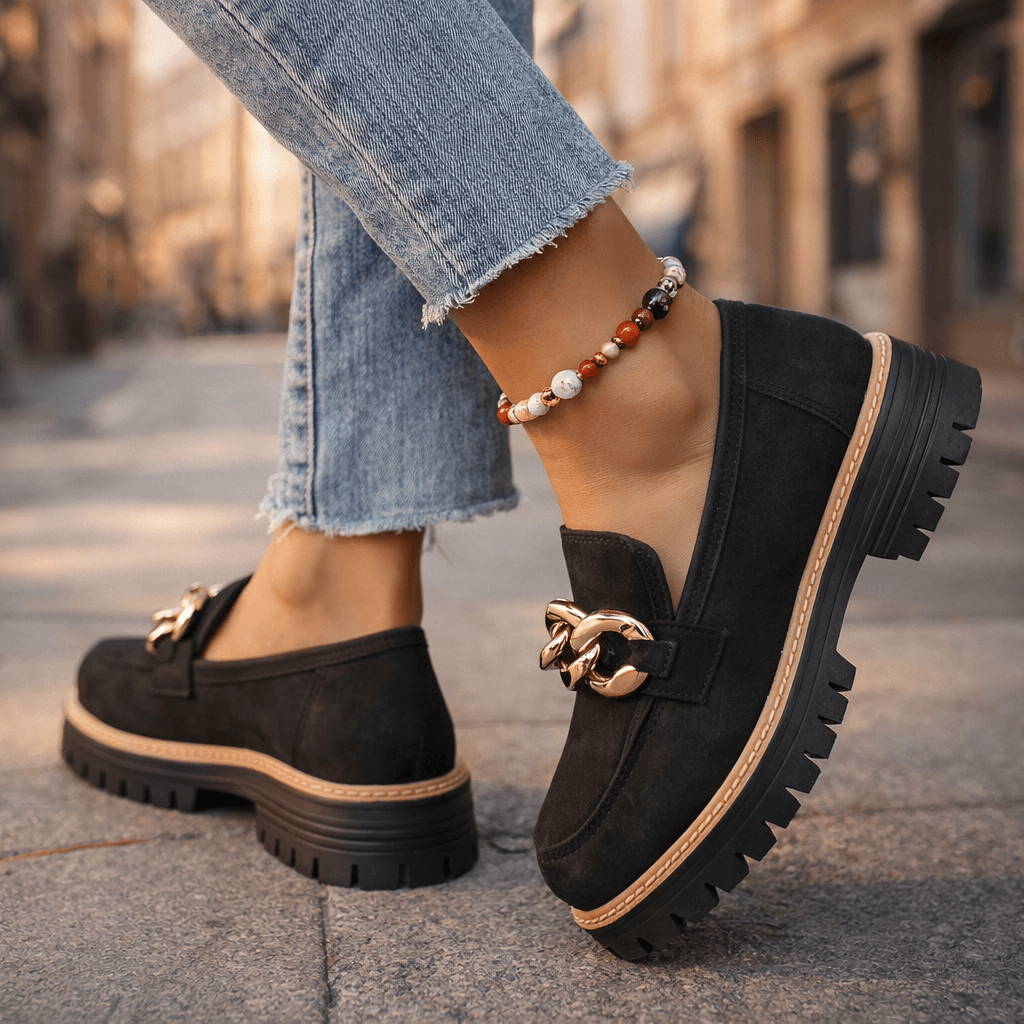Women's Soft Suede Chunky Platform Loafers | Stylish Slip-On Shoes with Gold Chain Detail