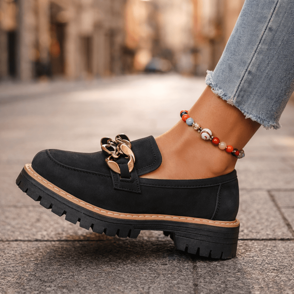 Women's Soft Suede Chunky Platform Loafers | Stylish Slip-On Shoes with Gold Chain Detail