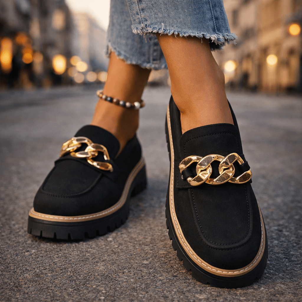 Women's Soft Suede Chunky Platform Loafers | Stylish Slip-On Shoes with Gold Chain Detail