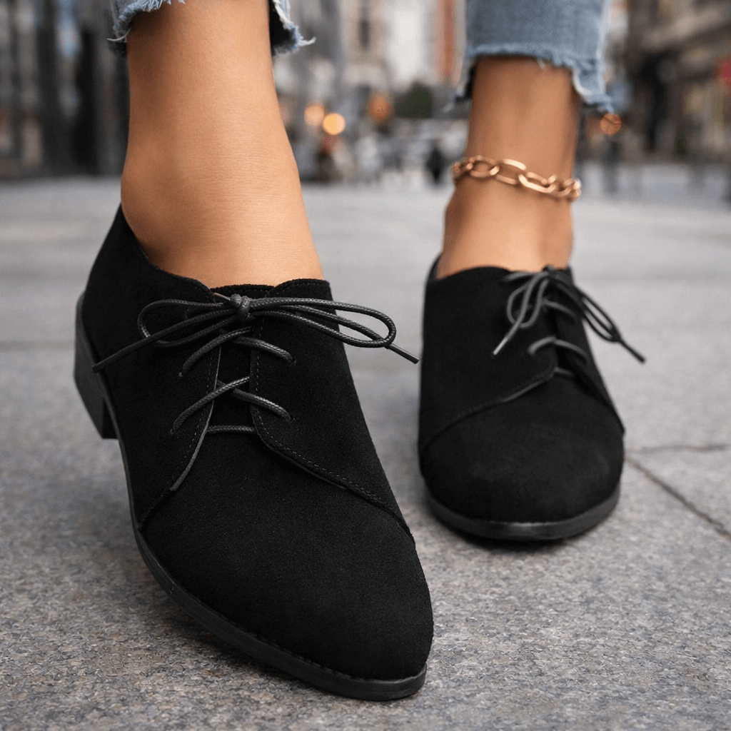 Women's Soft Suede Heels | Elegant Lace-Up Block Shoes | Comfortable Black Heels