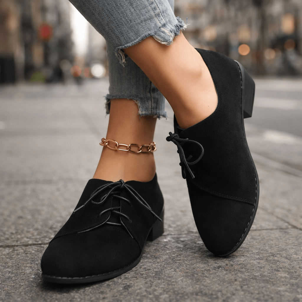Women's Soft Suede Heels | Elegant Lace-Up Block Shoes | Comfortable Black Heels