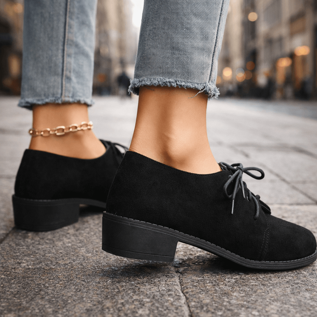 Women's Soft Suede Heels | Elegant Lace-Up Block Shoes | Comfortable Black Heels