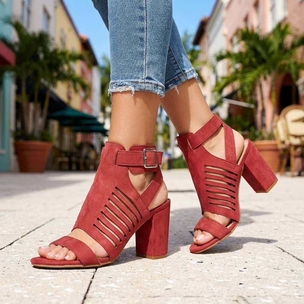 Women's Soft Suede Open Design Block Heel Sandals Corvine