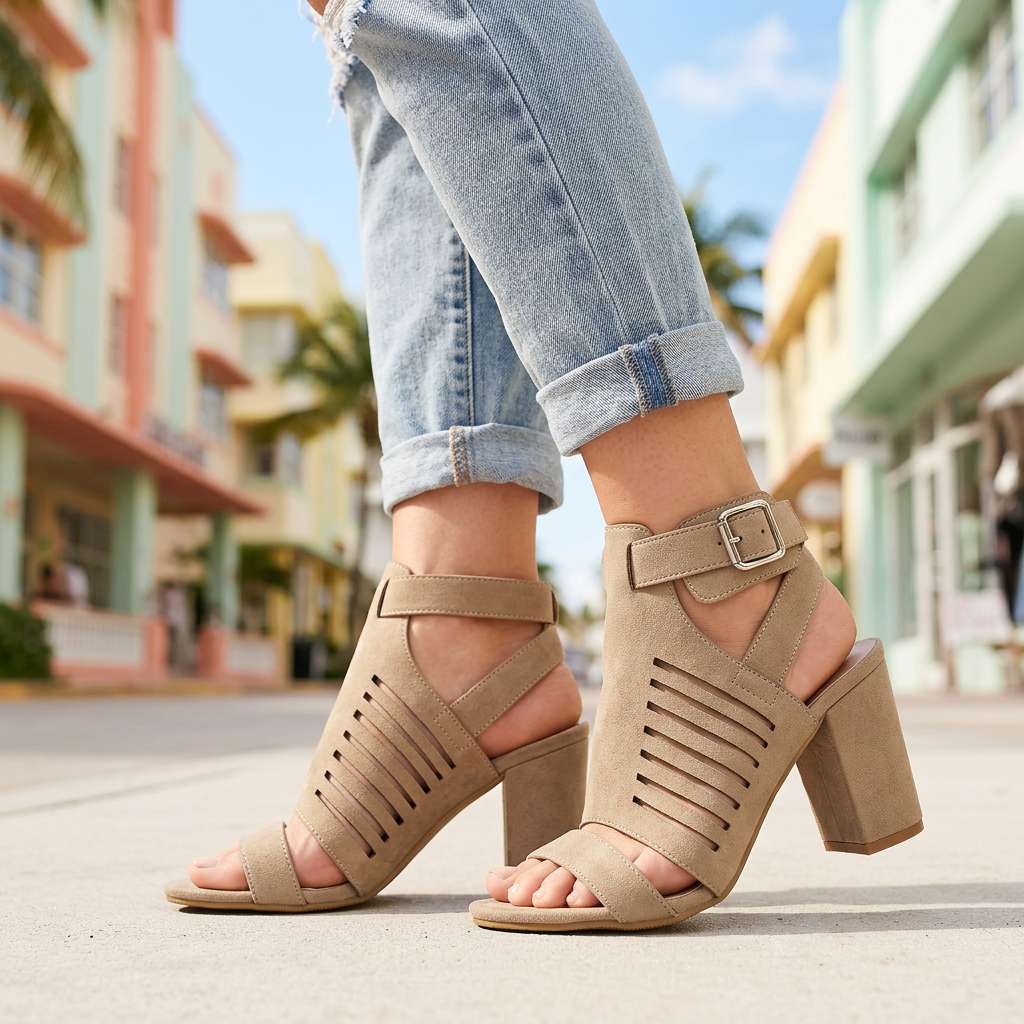 Women's Soft Suede Open Design Block Heel Sandals Corvine