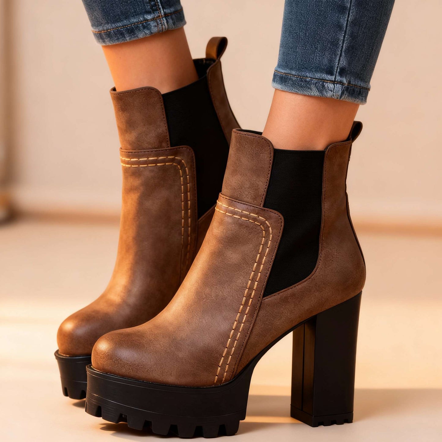 Women's Soft Textured Leather Block Heel Boots Corvine