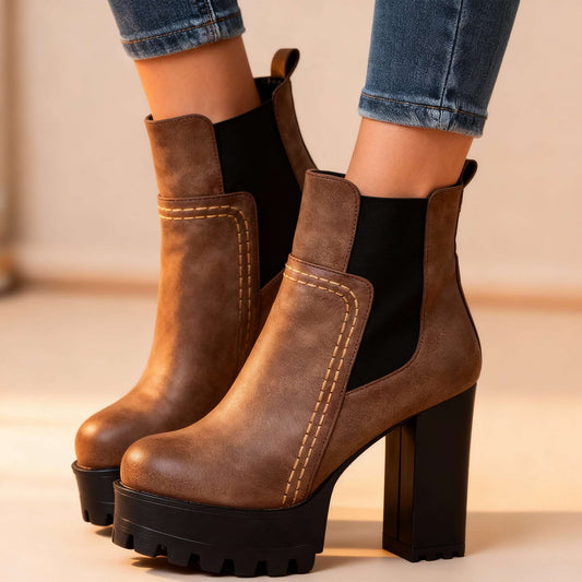 Women's Soft Textured Leather Block Heel Boots Corvine