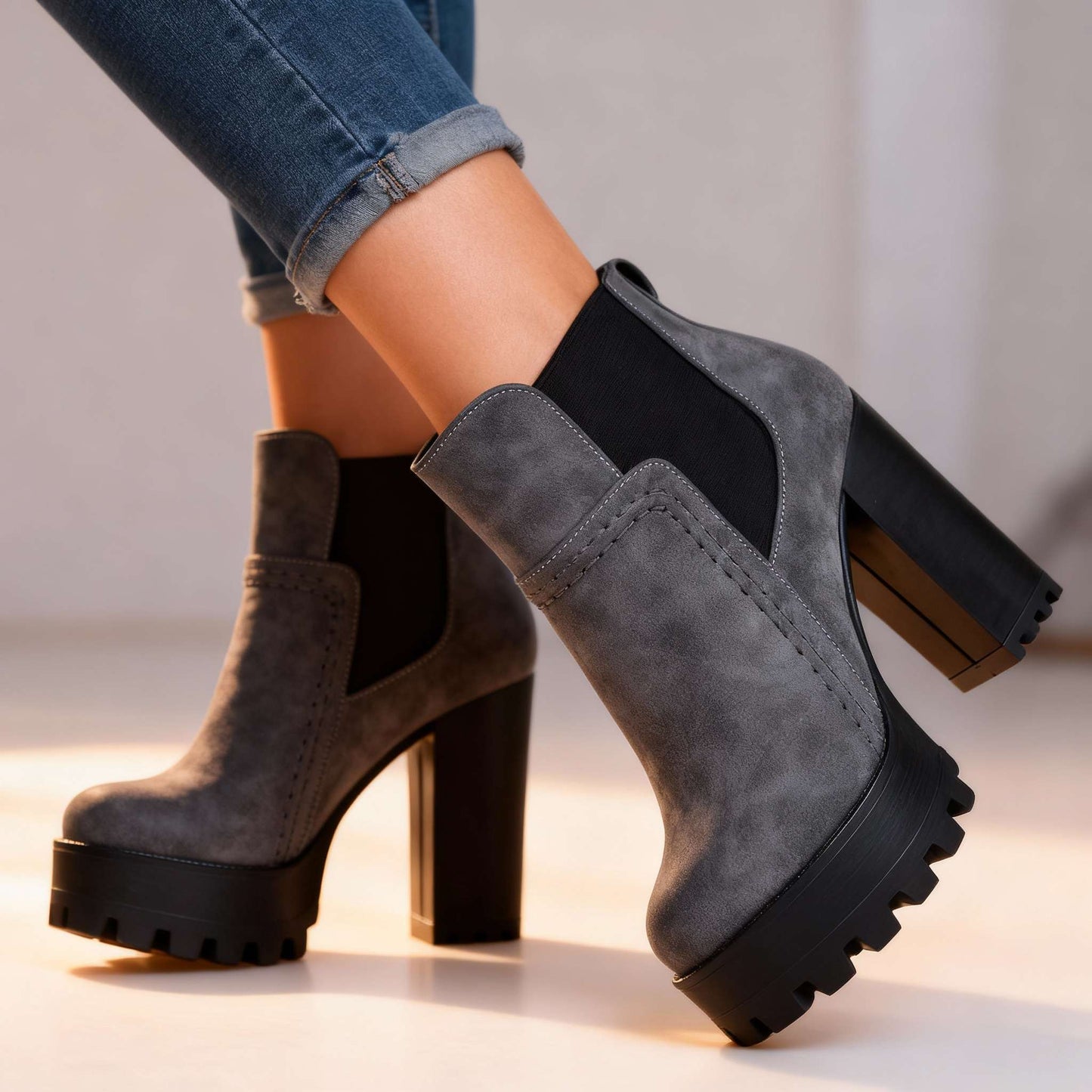 Women's Soft Textured Leather Block Heel Boots Corvine
