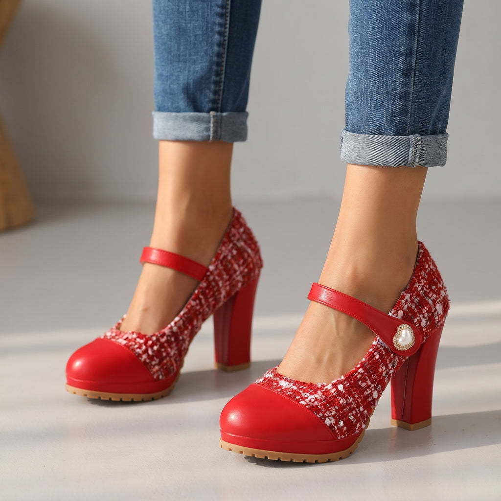 Women’s Soft Tweed Mary Jane Block Heel Shoes Corvine