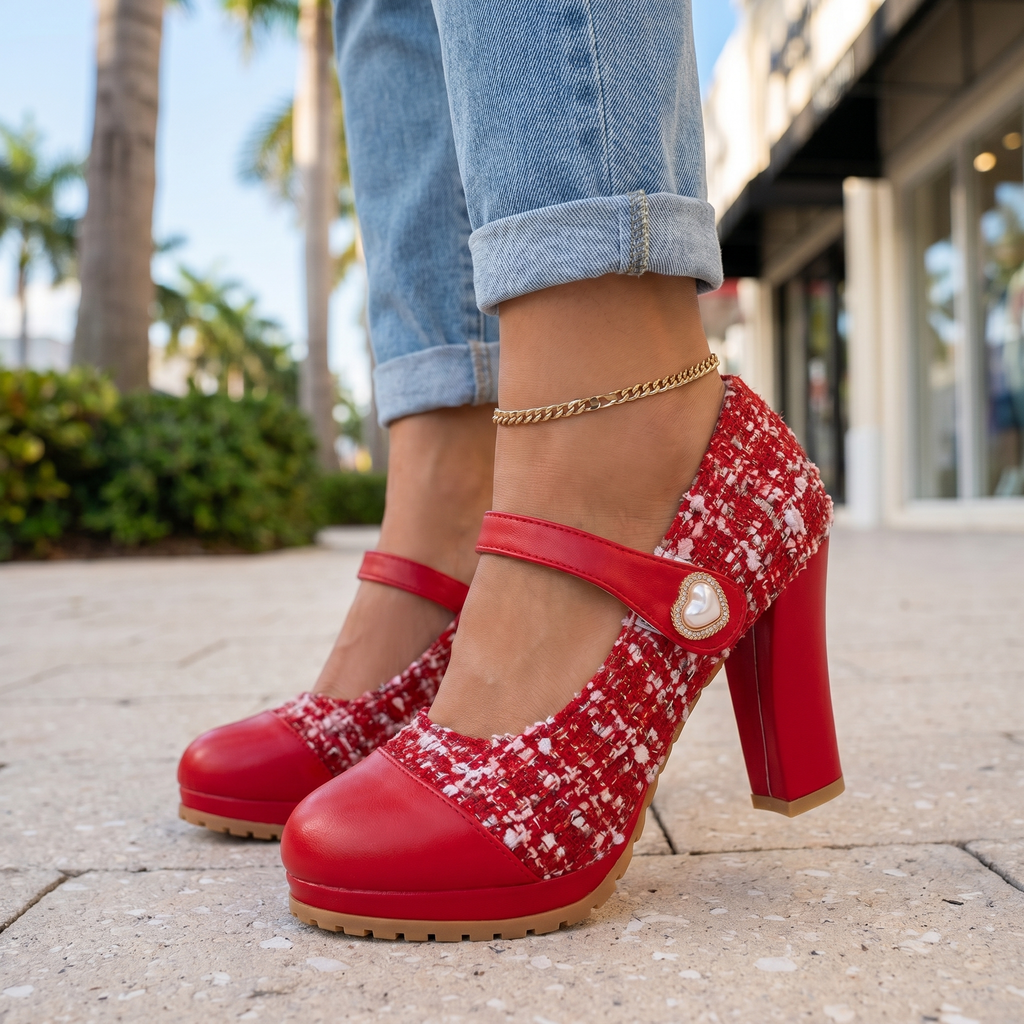 Women’s Soft Tweed Mary Jane Block Heel Shoes Corvine