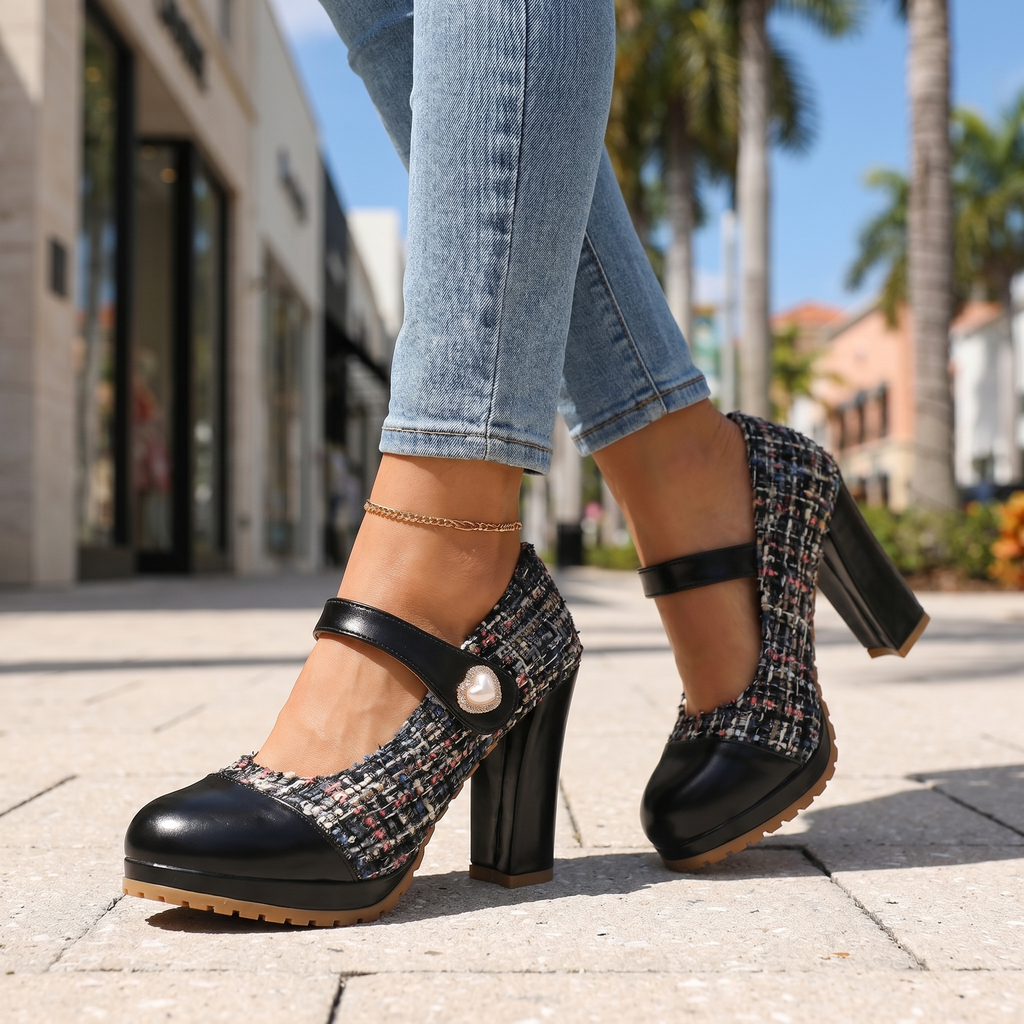 Women’s Soft Tweed Mary Jane Block Heel Shoes Corvine