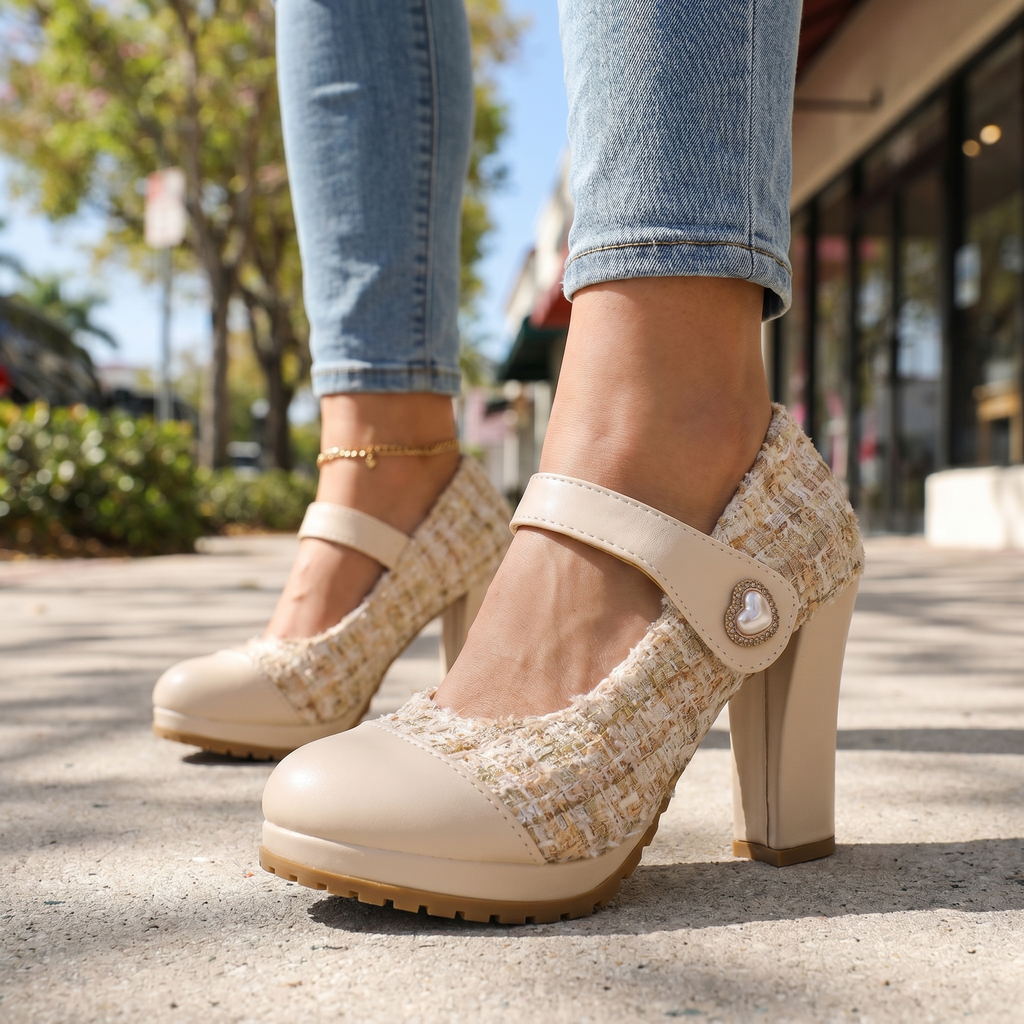 Women’s Soft Tweed Mary Jane Block Heel Shoes Corvine