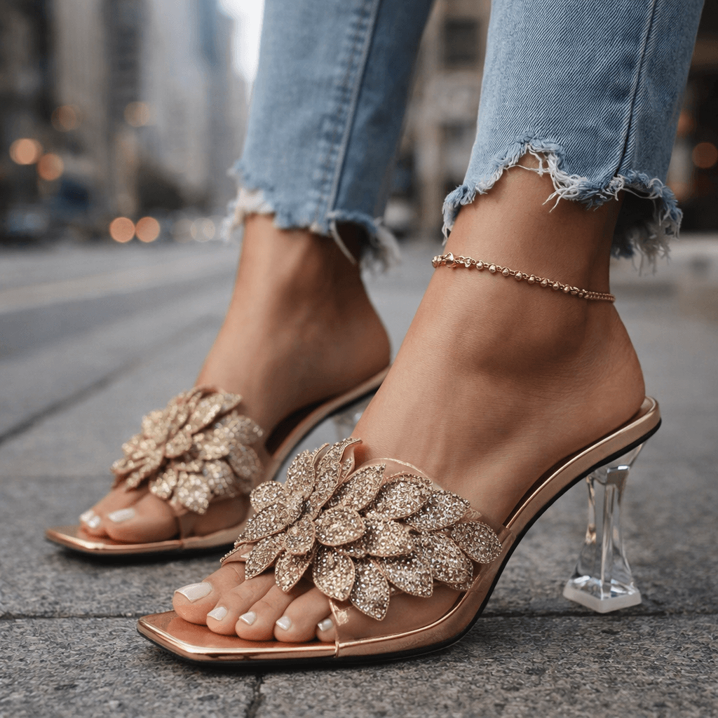 Women's Sparkling Floral Open-Toe Heels Corvine