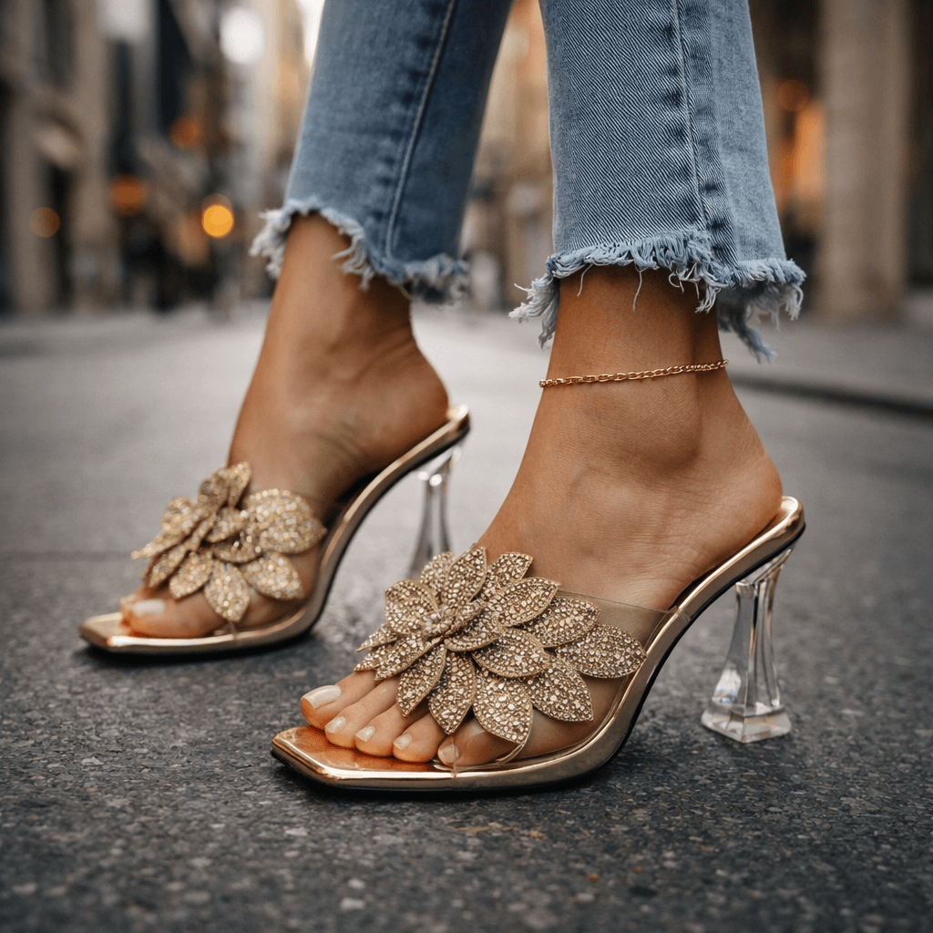 Women's Sparkling Floral Open-Toe Heels Corvine