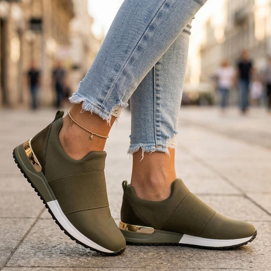 Women's Stretchy Slip-On Sneakers | Stylish Metallic Trim Comfortable Footwear