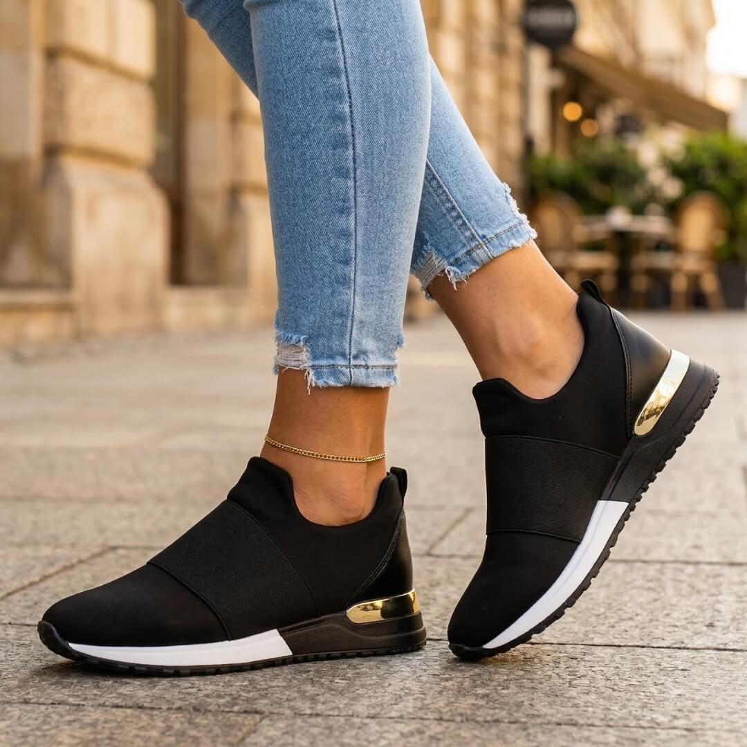 Women's Stretchy Slip-On Sneakers | Stylish Metallic Trim Comfortable Footwear