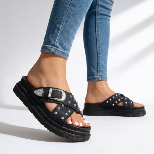 Women's Studded Crossover Strap Platform Slides Corvine