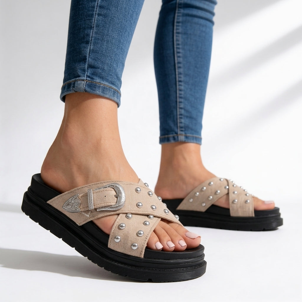 Women's Studded Crossover Strap Platform Slides Corvine
