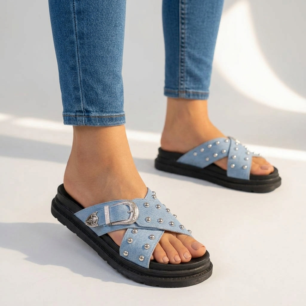 Women's Studded Crossover Strap Platform Slides Corvine