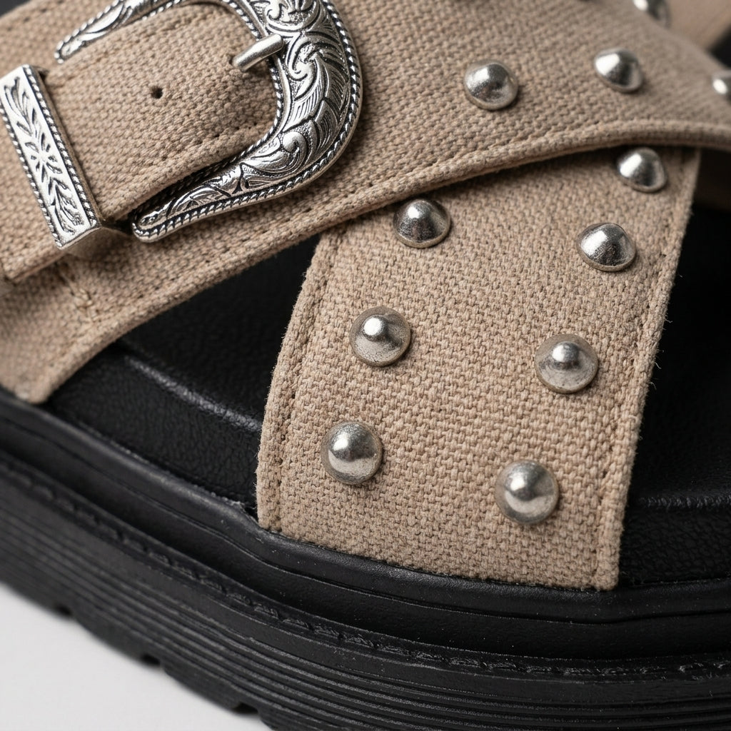 Women's Studded Crossover Strap Platform Slides Corvine