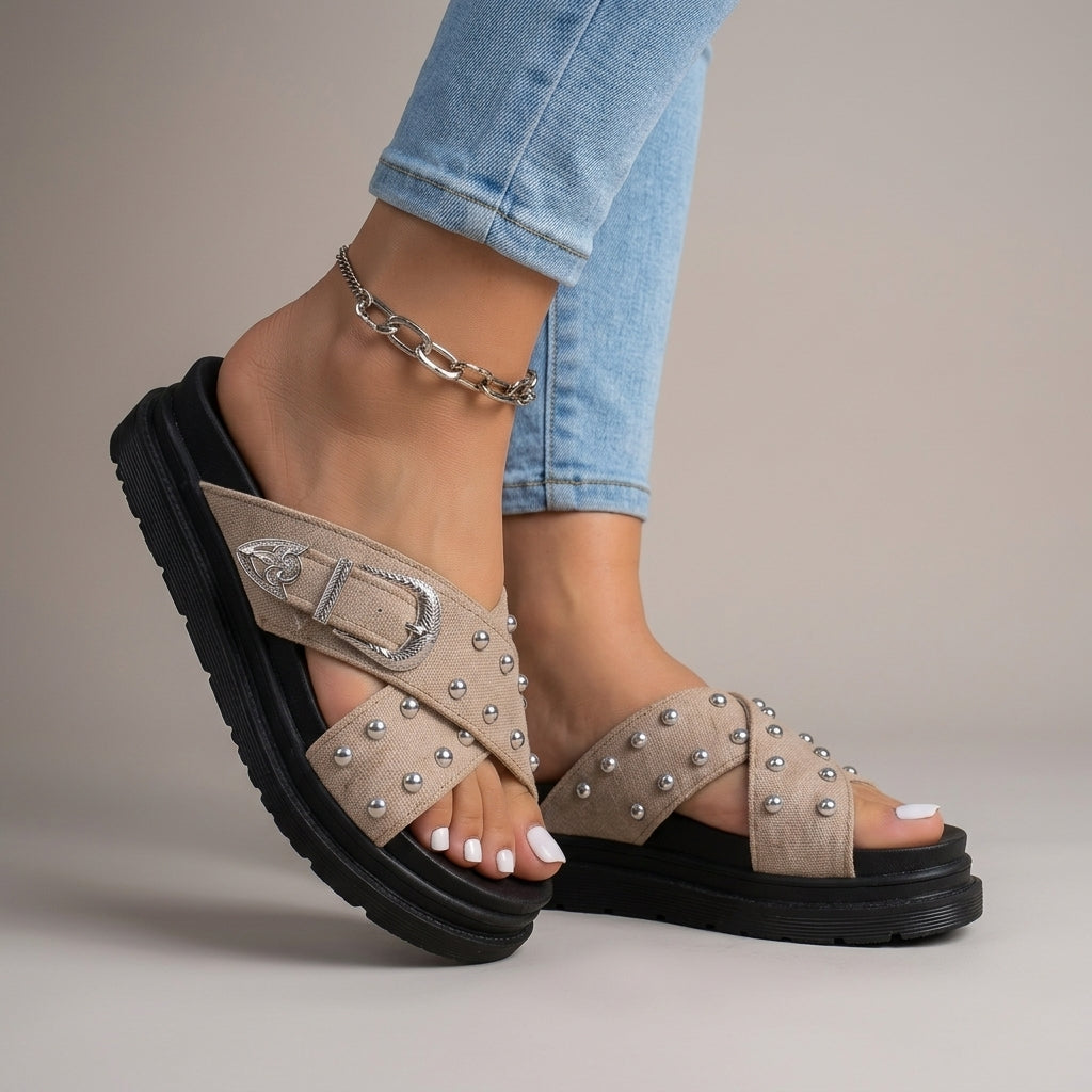 Women's Studded Crossover Strap Platform Slides Corvine