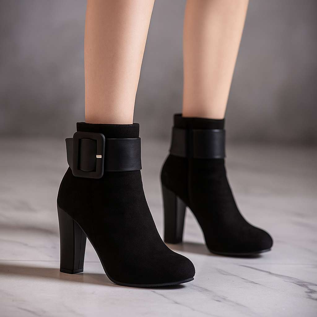 Women's Suede Block Heel Black Heels Corvine